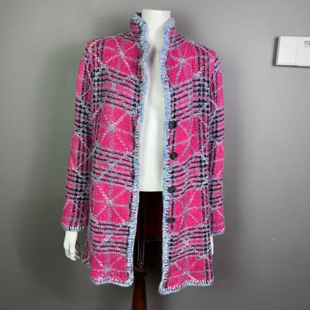 Sigrid Olsen sweater jacket Medium plaid pink art to wear wool Mohair vintage